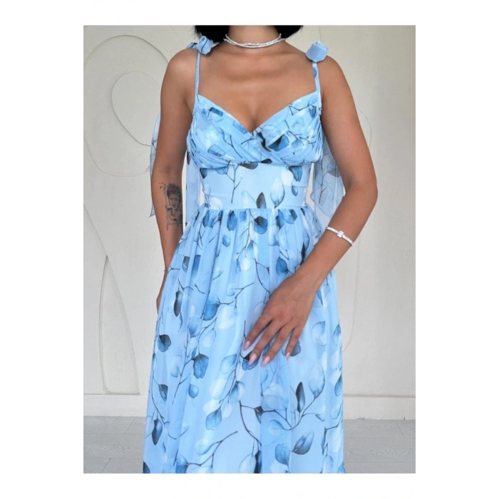 Mavi Şifon Drapeli Elbise