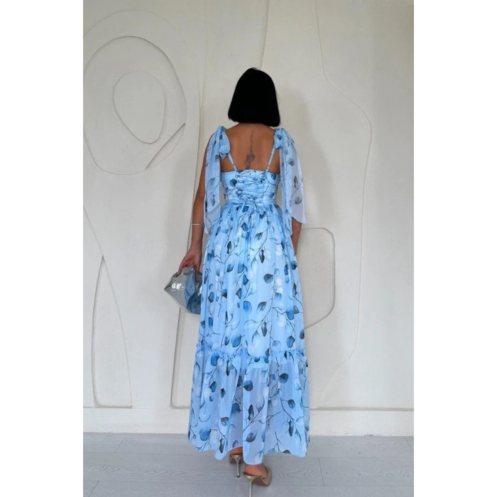 Mavi Şifon Drapeli Elbise