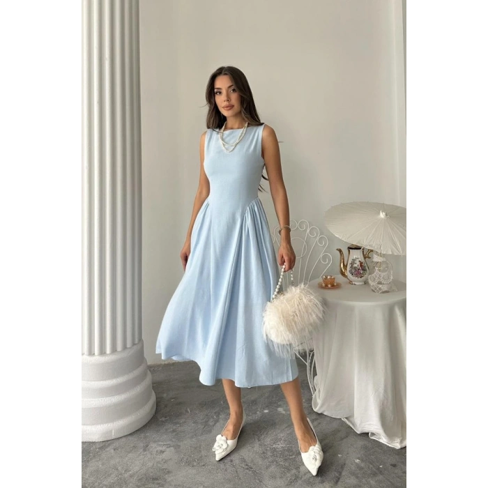 Mavi Yanları Büzgülü Midi Boy Keten Elbise