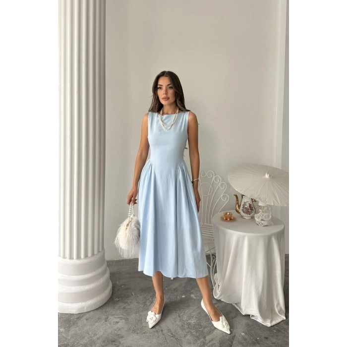 Mavi Yanları Büzgülü Midi Boy Keten Elbise