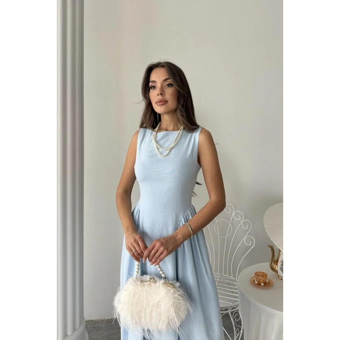 Mavi Yanları Büzgülü Midi Boy Keten Elbise