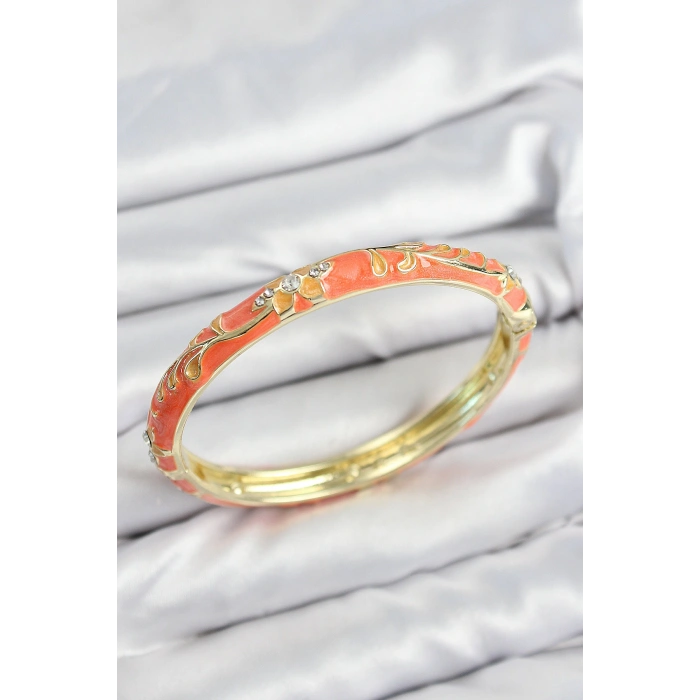 Mineli Pirinç Zirkon Taşlı Turuncu Çiçek Motifli Gold Kadın Kelepçe