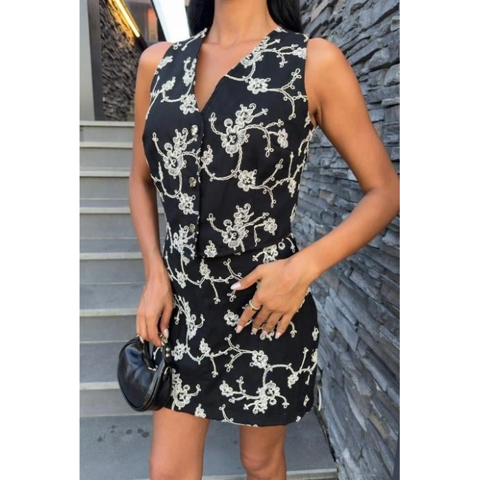 Nakışlı Yelek Şort Etekli Keten Takım 1022608