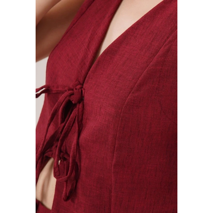 Ön Bağlama Detaylı Yelek Ve Pantolon Bordo İkili Takım