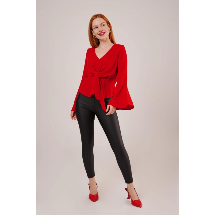 Ön Bağlamalı Volan Kol Kırmızı Bluz