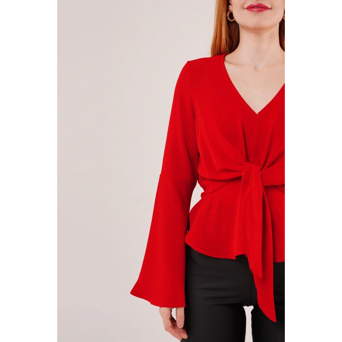 Ön Bağlamalı Volan Kol Kırmızı Bluz