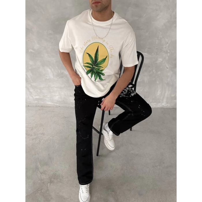 Ön Ve Arka Baskılı Oversize Bisiklet Yaka Tshirt Beyaz