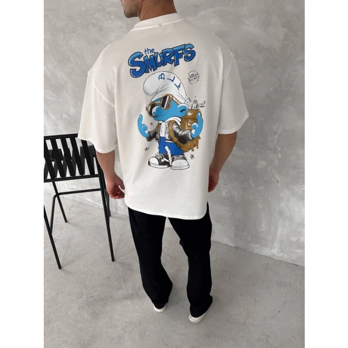 Ön Ve Arka Baskılı Oversize Bisiklet Yaka Tshirt Beyaz