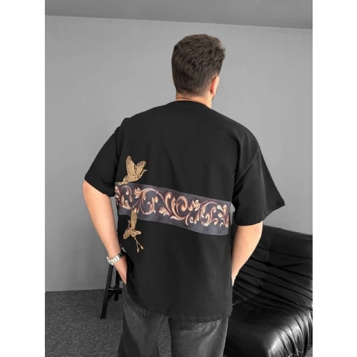 Ön Ve Arka Baskılı Oversize Bisiklet Yaka Tshirt  iyah