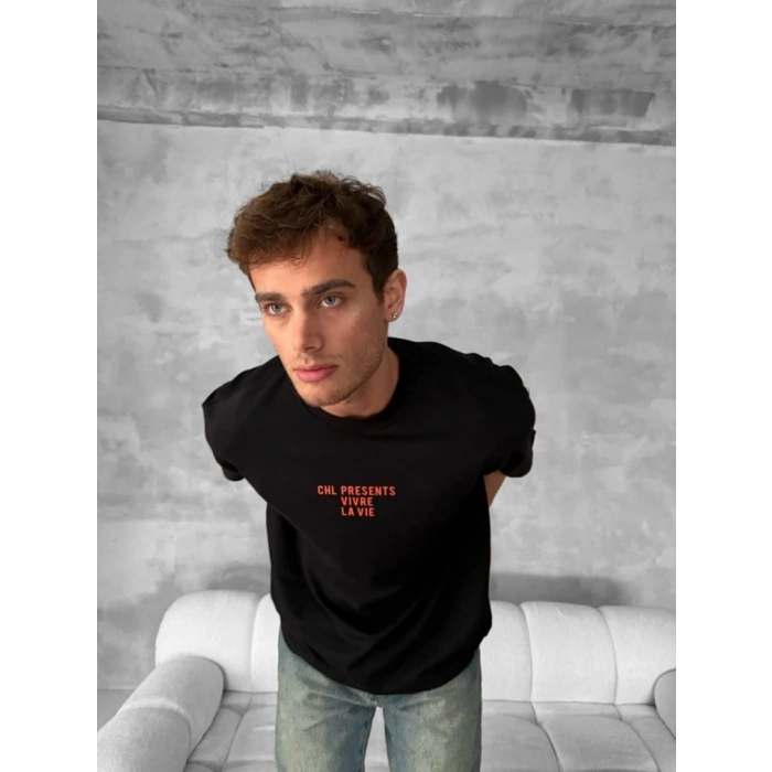 Ön Ve Arka Baskılı Oversize Bisiklet Yaka Tshirt iyah