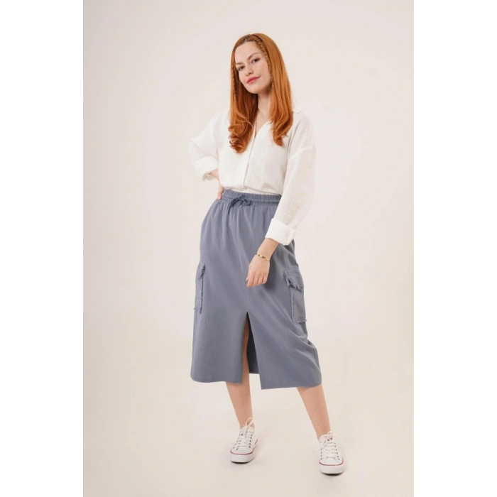 Ön Yırtmaçlı Cep Detaylı İndigo Etek