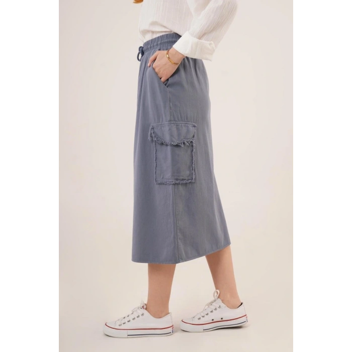 Ön Yırtmaçlı Cep Detaylı İndigo Etek