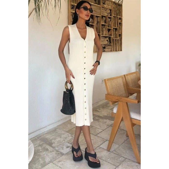 Önü Düğmeli Fitilli Kolsuz Elbise 2832