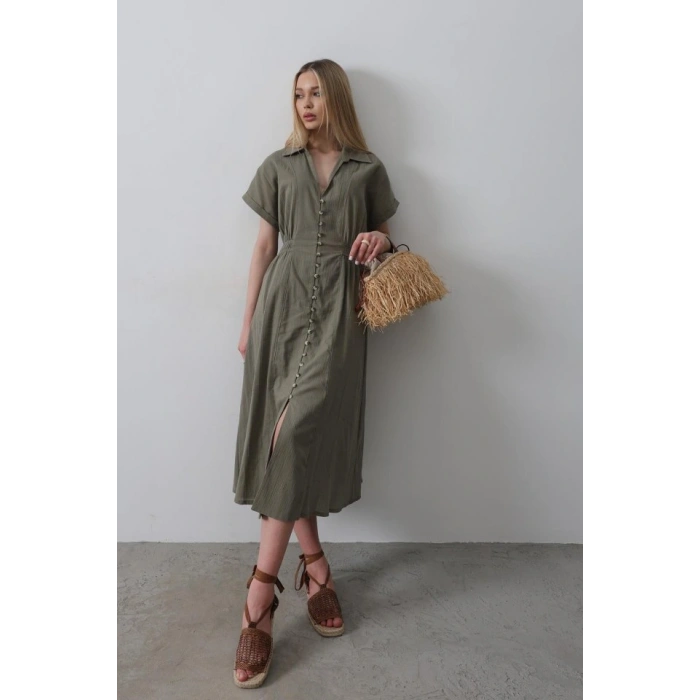 Önü Düğmeli Kısa Kol Elbise  Haki