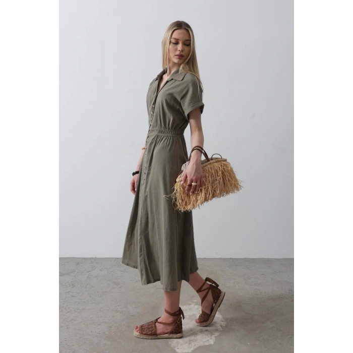 Önü Düğmeli Kısa Kol Elbise  Haki