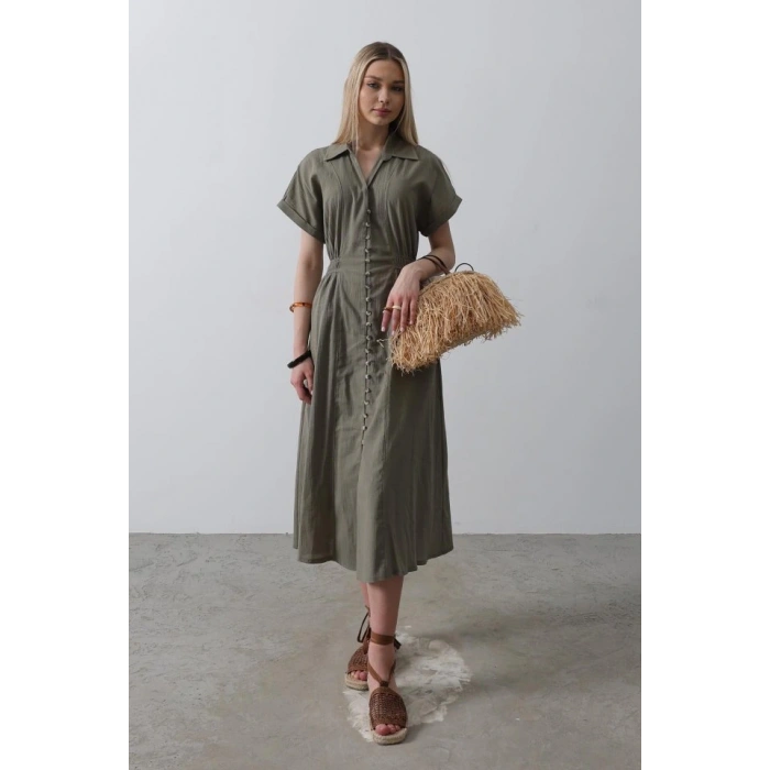 Önü Düğmeli Kısa Kol Elbise  Haki