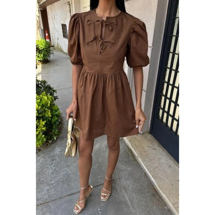 Önü Fiyonk Bağlamalı Ve Balon Kollu Elbise 2893