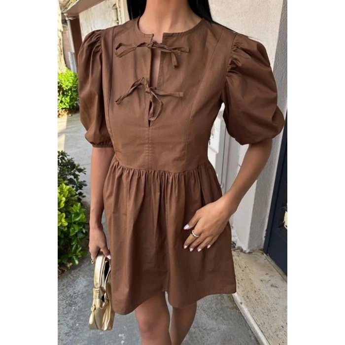 Önü Fiyonk Bağlamalı Ve Balon Kollu Elbise 2893