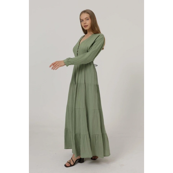 Önü Yarım Düğmeli Uzun Kol Kemerli Elbise  Haki