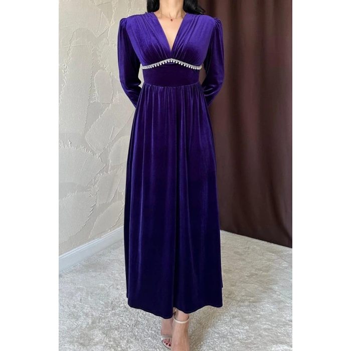 Mor Göğüs Altı Taşlı Elbise