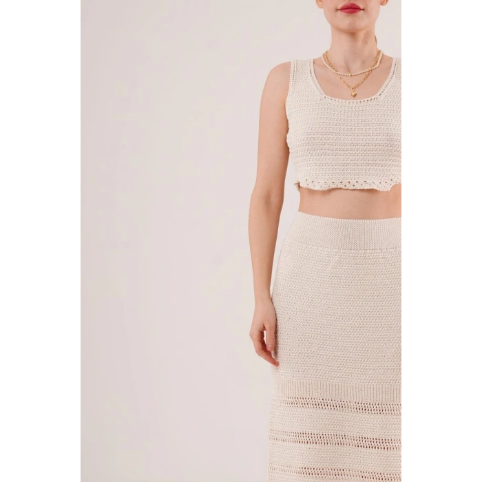 Örme Detaylı Etek Ve Bluz Krem Takım