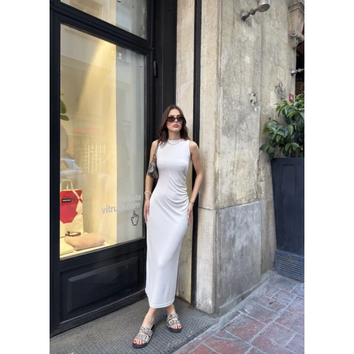 Osy odal Yumuşak Dokulu Kumaş Bisiklet Yaka ıfır Kolsuz Yırtmaçlı Uzun Elbise  Beyaz