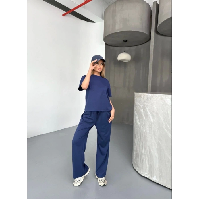 Osy odal Yumuşak Dokulu Kumaş Kısa Kollu Bluz Rahat Pantalon Ikili Takım acivert