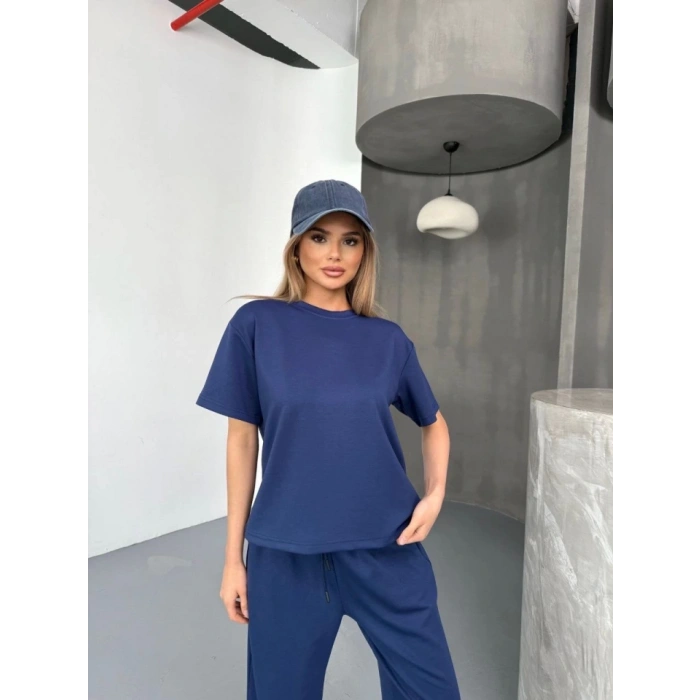 Osy odal Yumuşak Dokulu Kumaş Kısa Kollu Bluz Rahat Pantalon Ikili Takım acivert