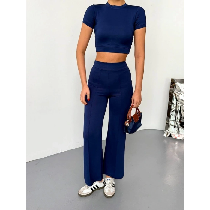 Osy odal Yumuşak Dokulu Kumaş Kısa Kollu Crop Alt Ispanyol Paça Pantalon Ikili Takım  acivert