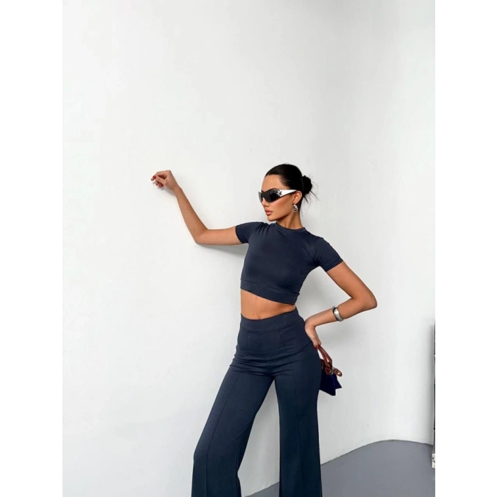 Osy odal Yumuşak Dokulu Kumaş Kısa Kollu Crop Alt Ispanyol Paça Pantalon Ikili Takım  Füme