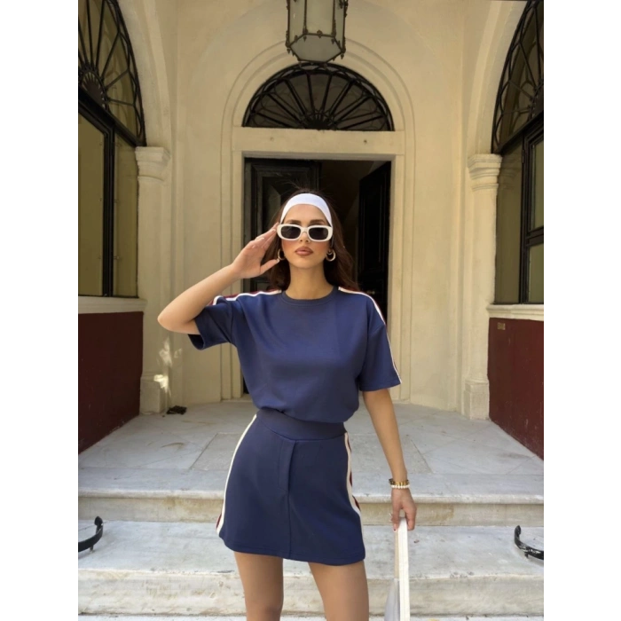 Osy odal Yumuşak Dokulu Kumaş Parçalı Bisiklet Yaka Tshirt ini Şortlu Etek İkili Takım acivert