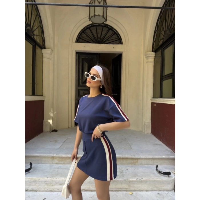 Osy odal Yumuşak Dokulu Kumaş Parçalı Bisiklet Yaka Tshirt ini Şortlu Etek İkili Takım acivert