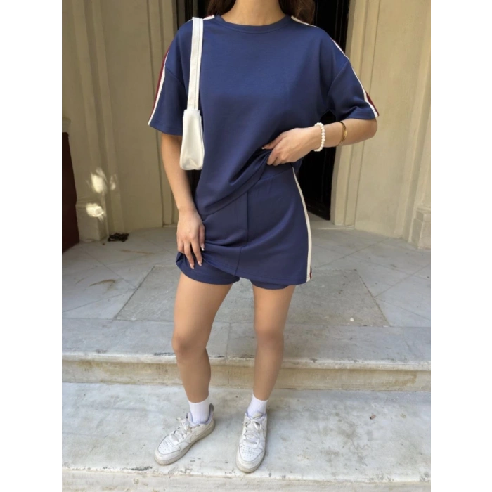 Osy odal Yumuşak Dokulu Kumaş Parçalı Bisiklet Yaka Tshirt ini Şortlu Etek İkili Takım acivert