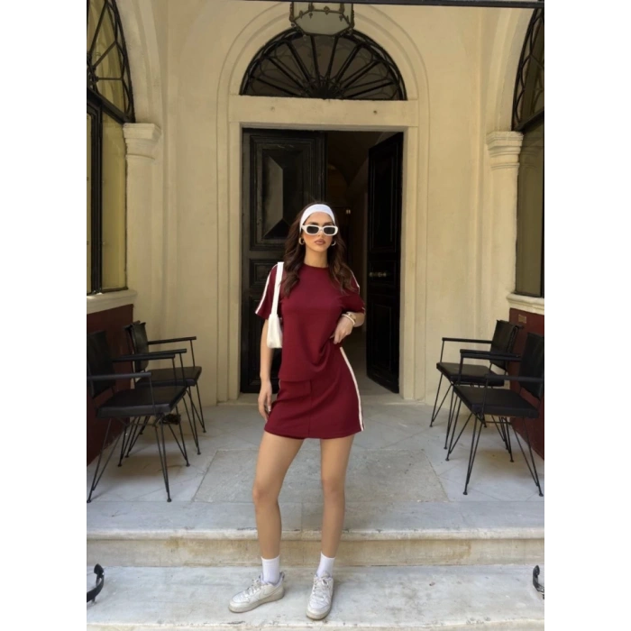 Osy odal Yumuşak Dokulu Kumaş Parçalı Bisiklet Yaka Tshirt ini Şortlu Etek İkili Takım Bordo