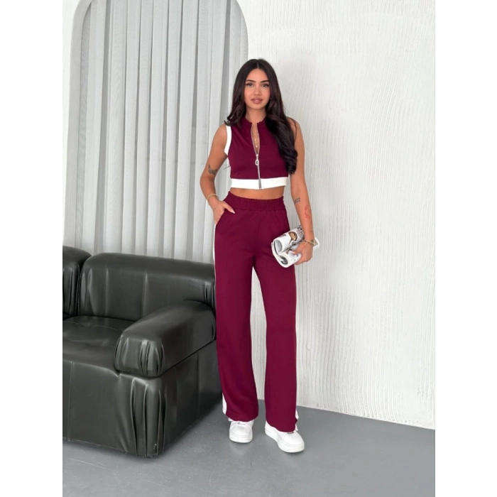 Osy odal Yumuşak Dokulu Kumaş Tam Fermuarlı Crop Pantalon İkili Takım  Bordo