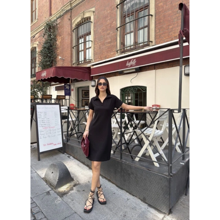 Osy odal Yumuşak Dokulu Kumaş Yakalı Kısa Kollu Elbise  iyah