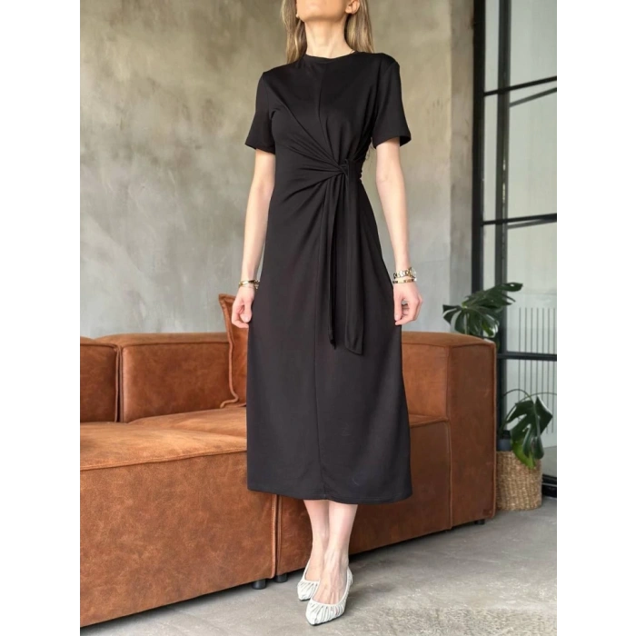 Osy odal Yumuşak Dokulu KumaşYandan Bağlamalı Elbise  iyah