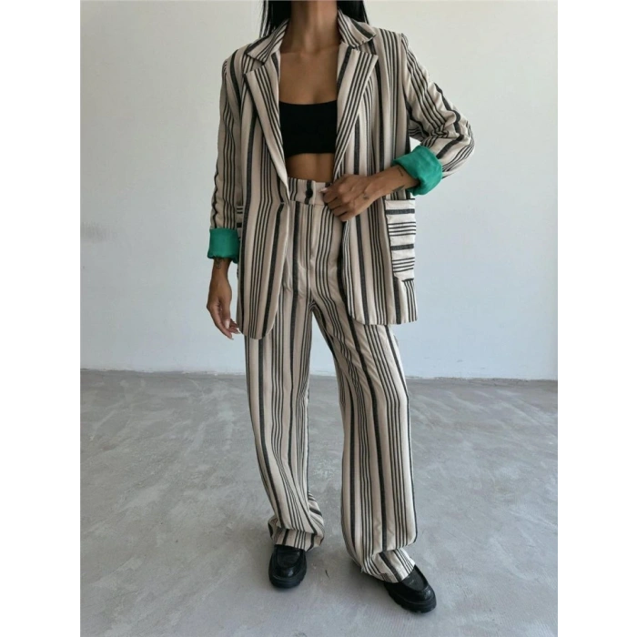 OTTOAN ÇİZGİLİ CEKETPANTOLON TK  Bej