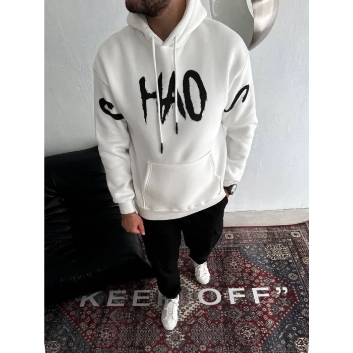 Oversize Kapşonlu Baskılı weathirt  Beyaz