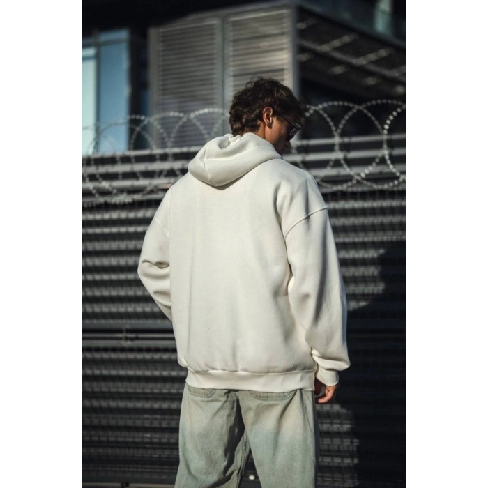 Oversize Tam Fermuarlı Uzun Kol Hırka  Beyaz
