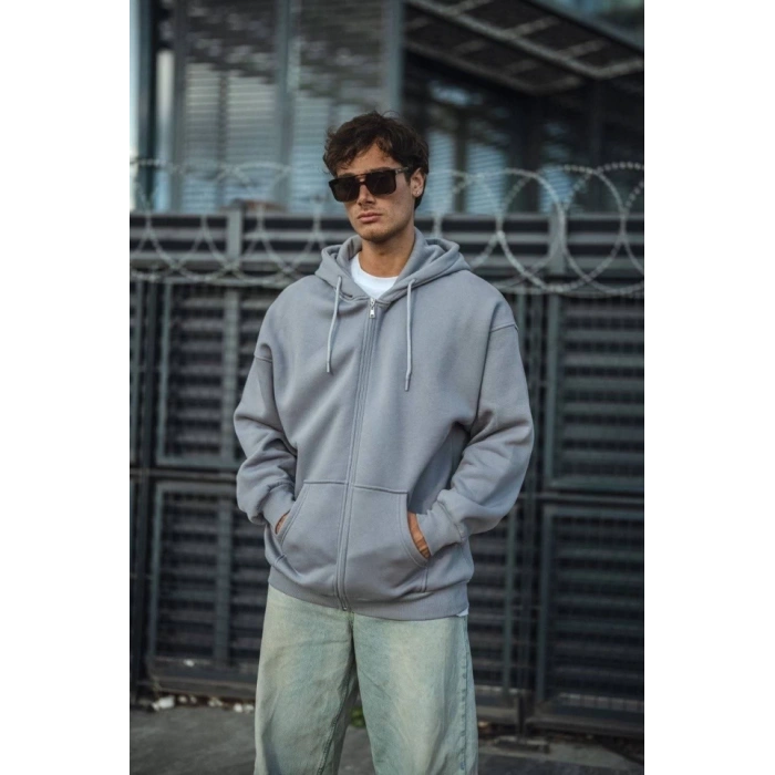 Oversize Tam Fermuarlı Uzun Kol Hırka  Gri