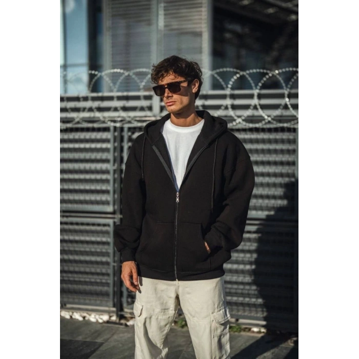 Oversize Tam Fermuarlı Uzun Kol Hırka  iyah