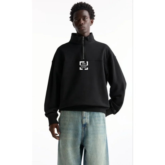 Oversize Yarım Farmuarlı Yakalı Özel Tasarım Basic weathirt  iyah