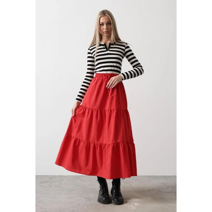 Pamuklu Beli Lastikli Etek  Kırmızı