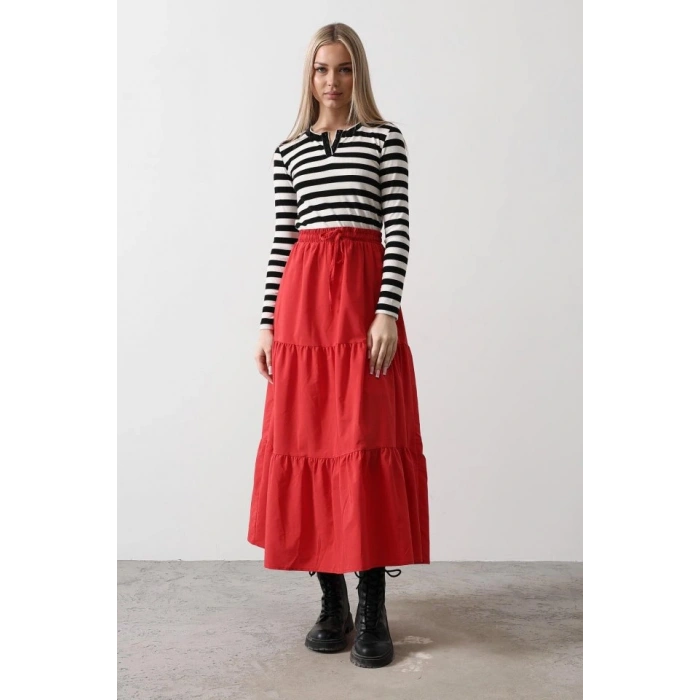 Pamuklu Beli Lastikli Etek  Kırmızı