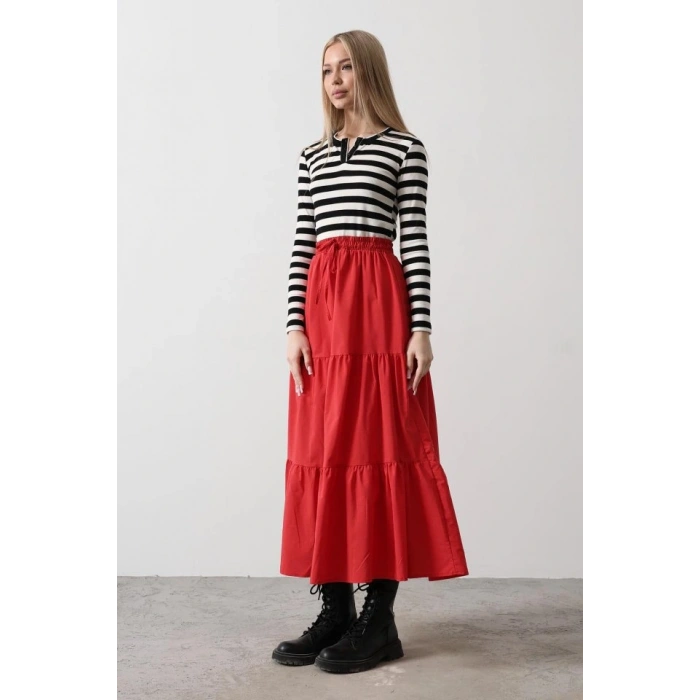 Pamuklu Beli Lastikli Etek  Kırmızı