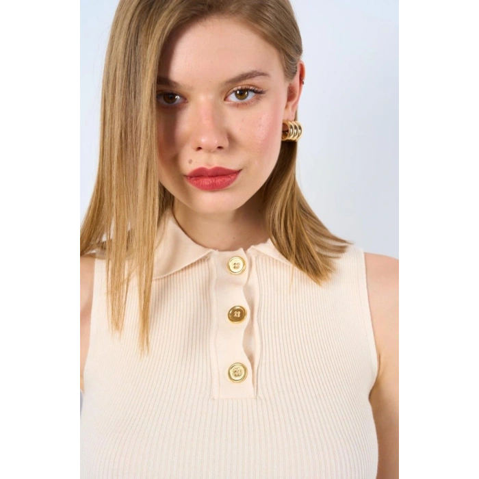 Patlı Düğmeli Triko Atlet  Beyaz Kayısı