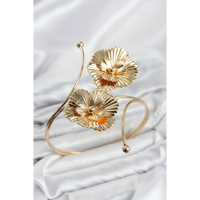 Pazu Bileklik Gold Renk Pirinç Çiçek Model