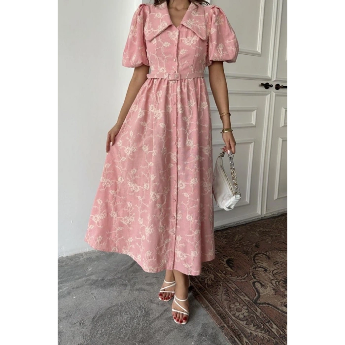 Pembe Bebe Yaka Balon Kollu Elbise