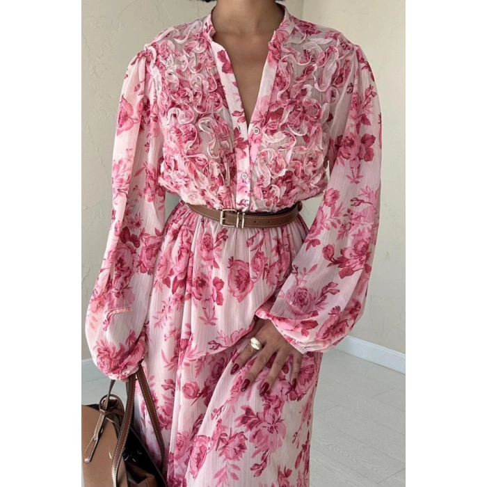 Pembe Biye Detaylı Elbise